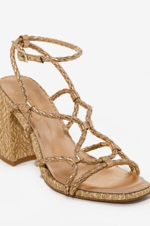 Braided Strappy Metallic Block Heel Brass
